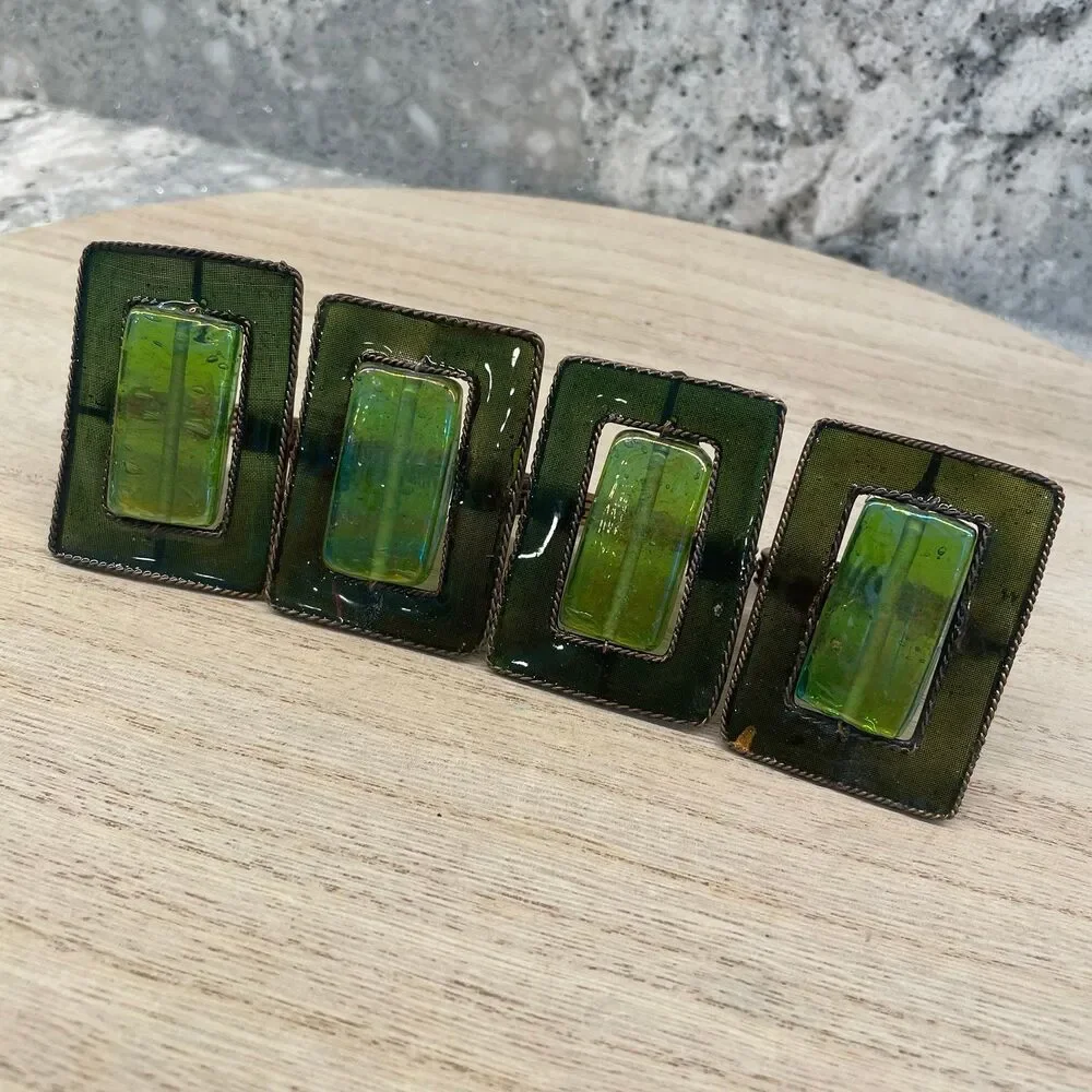 8 Green Glass Brass Floral Napkin Rings Set Pier 1 Vintage Boho Table Decor Lot